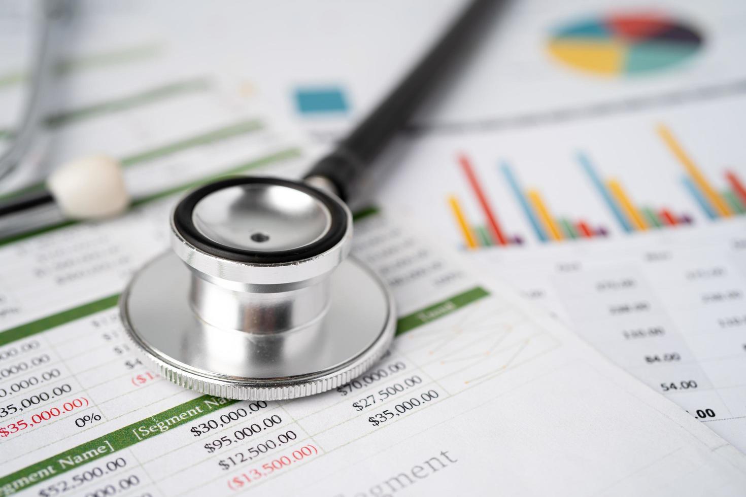 Stethoscope and calculator on chart graph paper, finance, account, statistic, analytic economy Business concept. photo