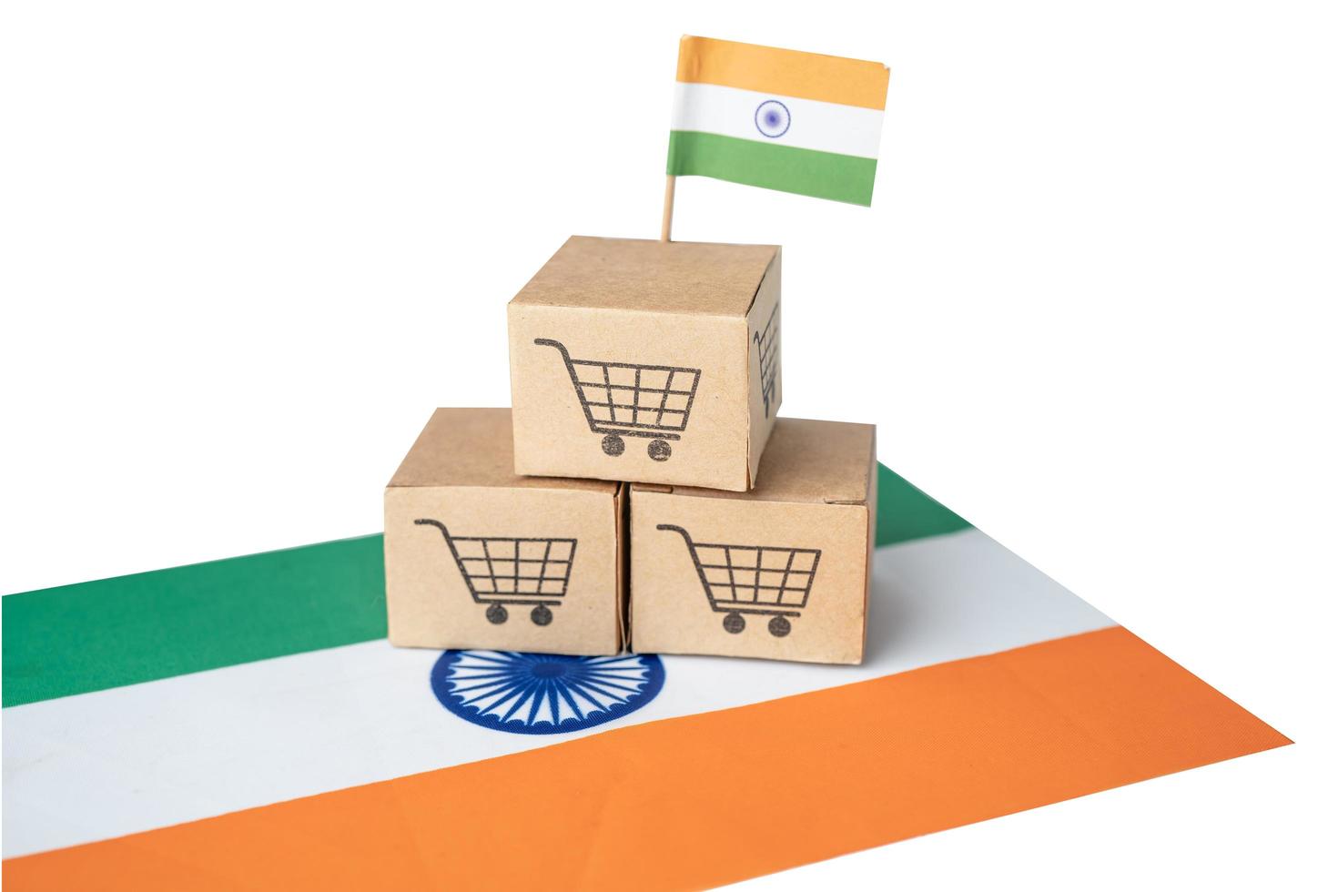 Shopping cart logo with India flag, Shopping online Import Export eCommerce finance business concept. photo