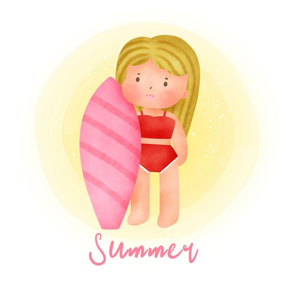 Watercolor Summer surf woman vector