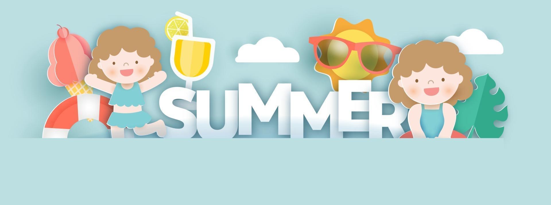 banner de verano con elementos de verano en estilo de corte de papel vector