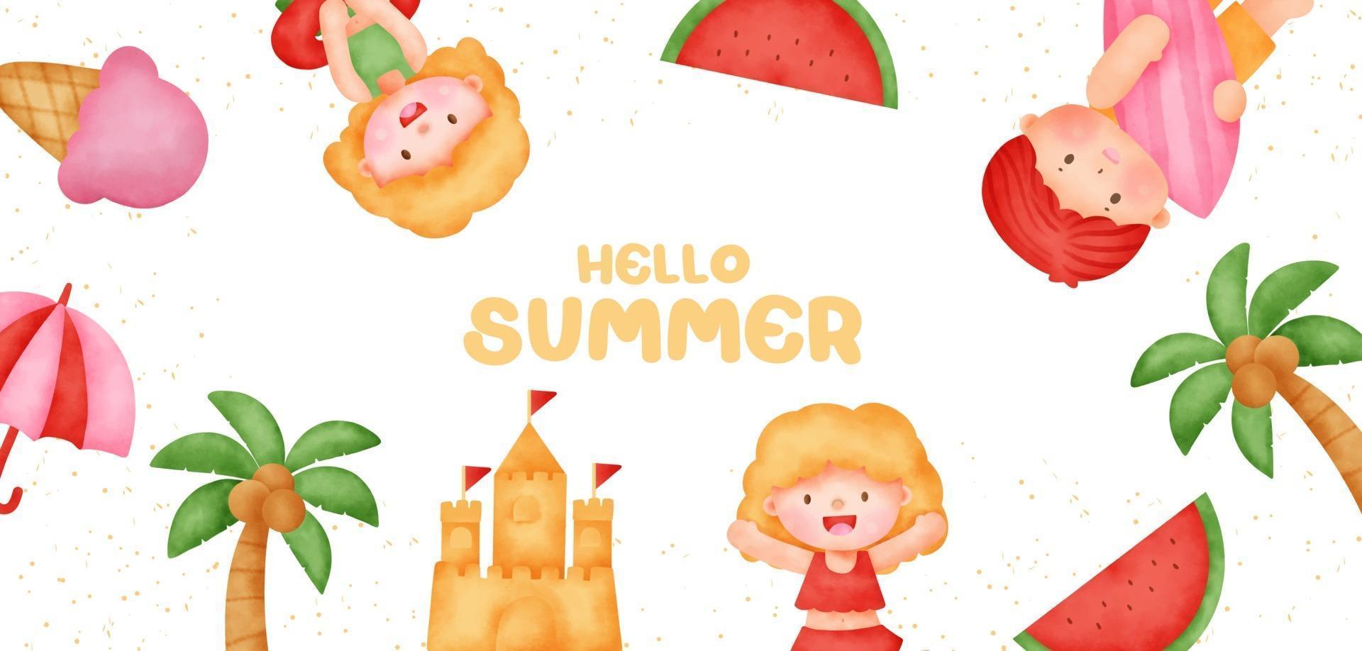 banner de verano con elementos de verano en estilo acuarela vector