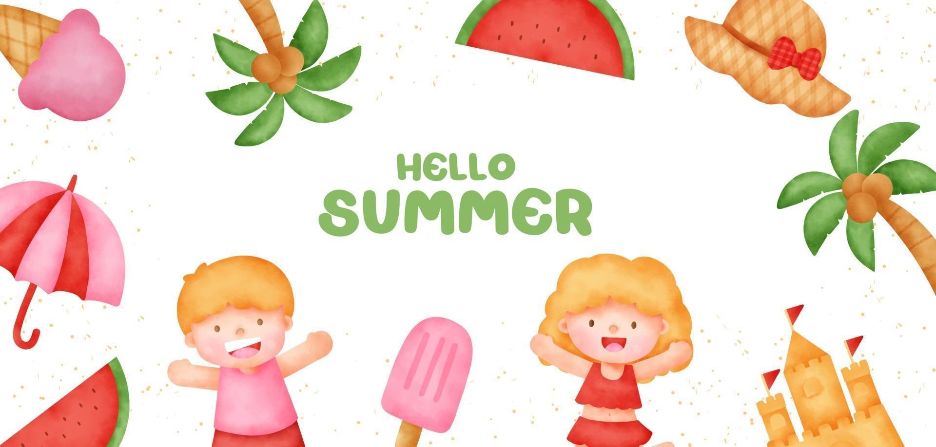 banner de verano con elementos de verano en estilo acuarela vector