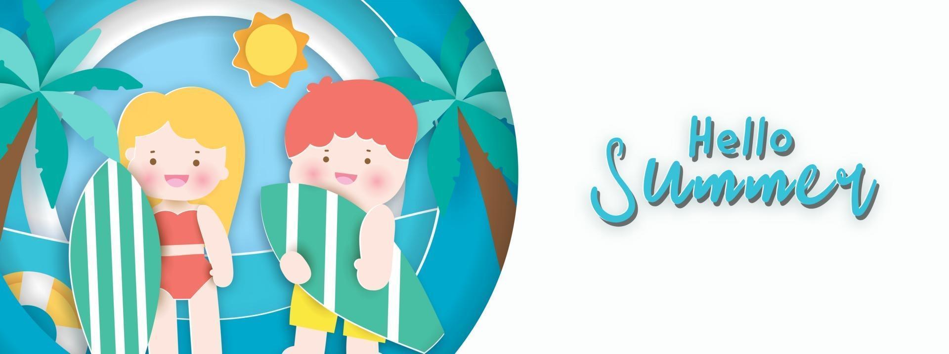 Summer banner with summer elelments in paper cut style vector