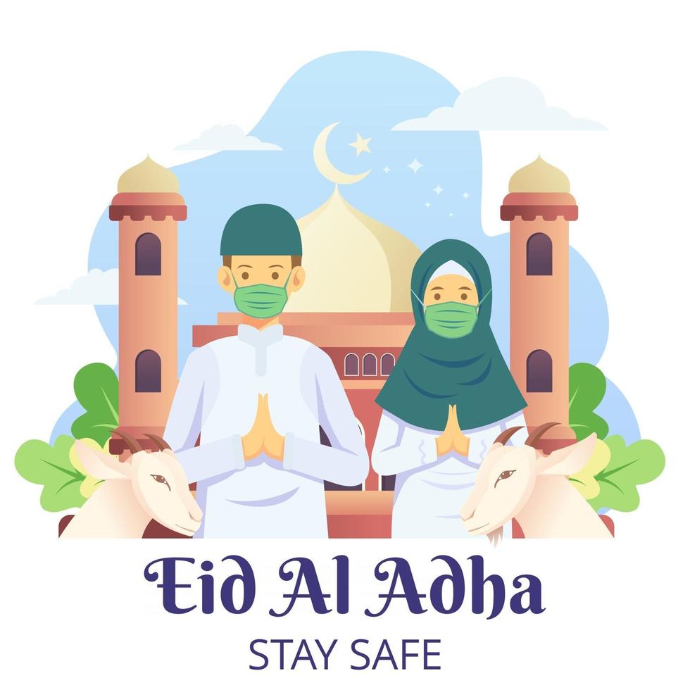 The couple celebrates Eid al Adha with goat for Eid Al Adha Mubarak while wearing masks for covid 19 vector