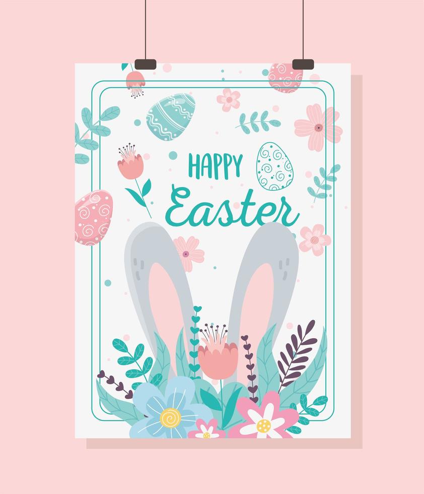 feliz pascua tarjeta orejas grandes flores decoracion floral vector