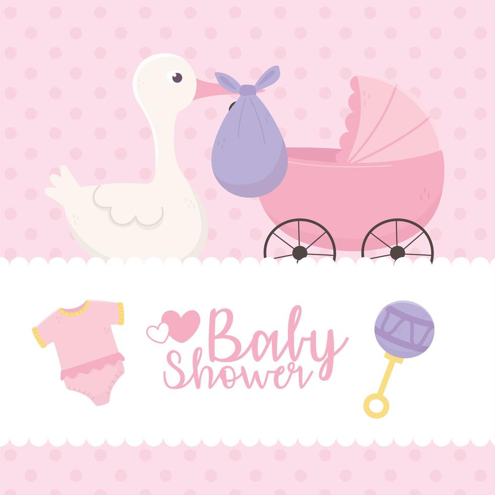 Baby Shower, cigüeña con celebración de ropa de cochecito de pañal morado vector