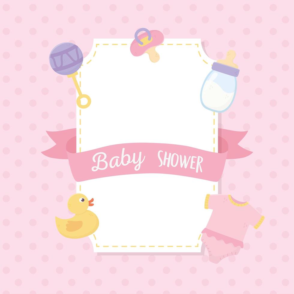 baby shower, duck bodysuit rattle bottle and pacifier pink decoration vector