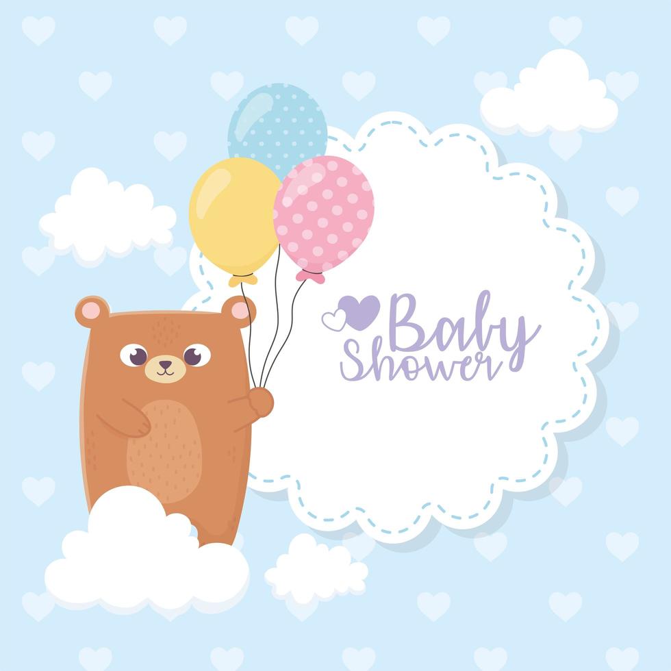 baby shower, osito de peluche con globos nubes corazones antecedentes vector