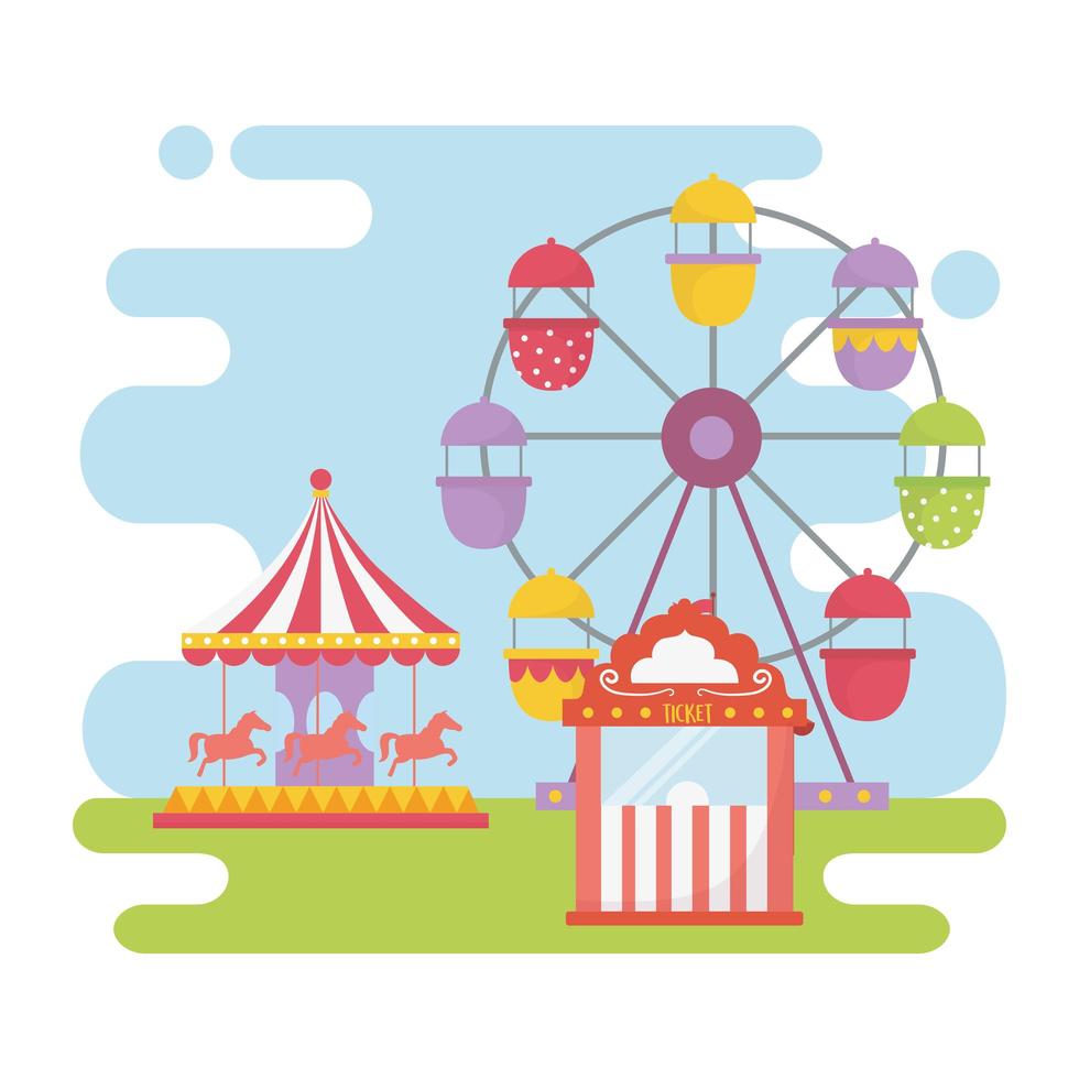 fun fair carnival ferris wheel carousel ticket booth recreation entertainment vector