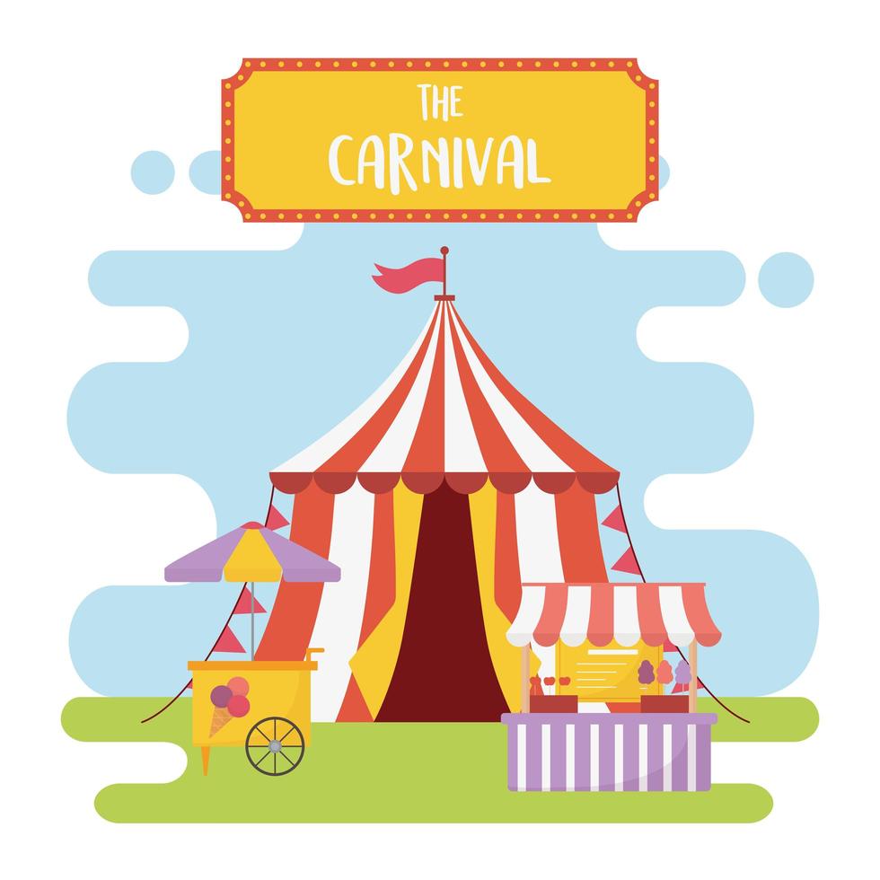 fun fair carnival tent booth food snacks recreation entertainment vector