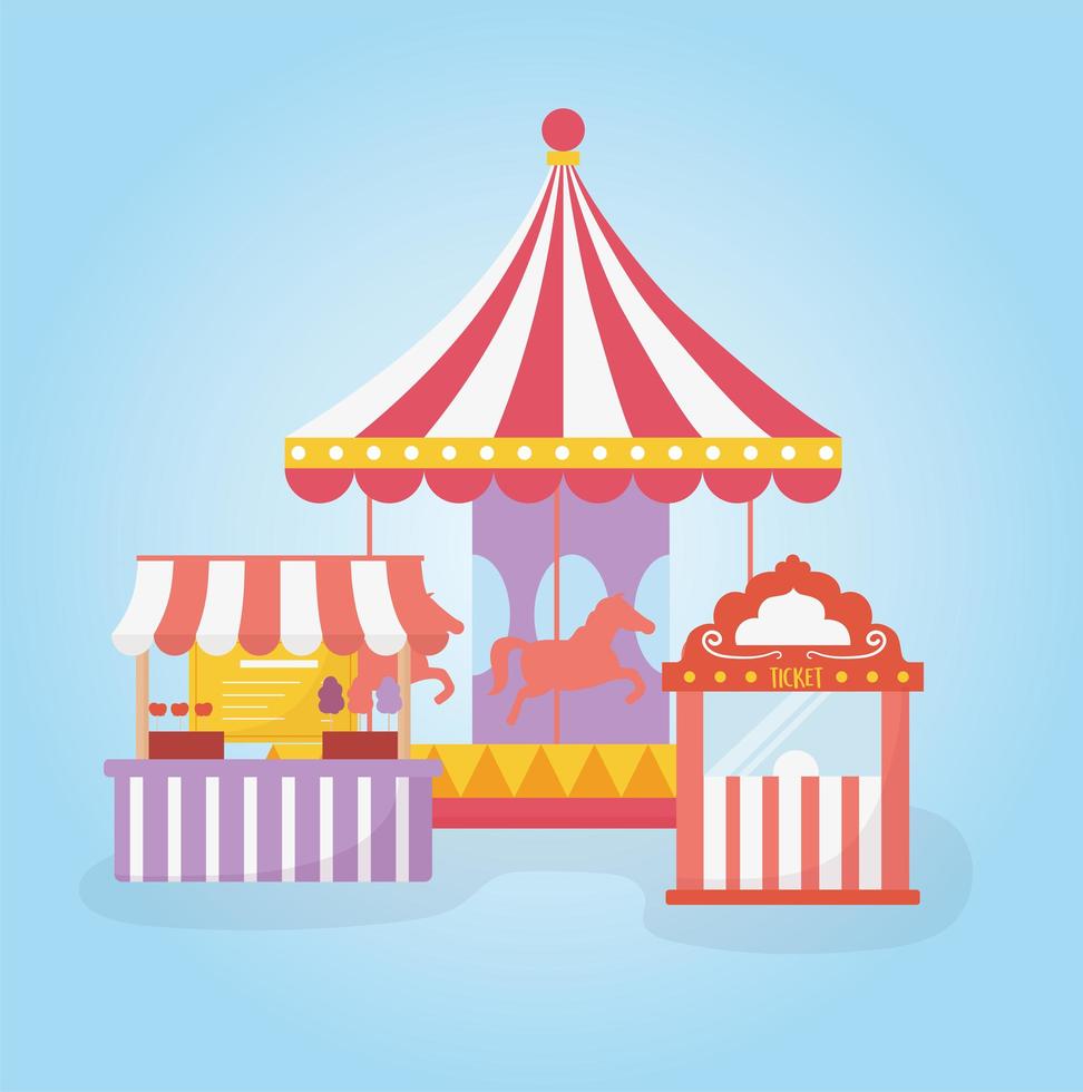 fun fair carnival carousel ticket booth and food recreation entertainment vector