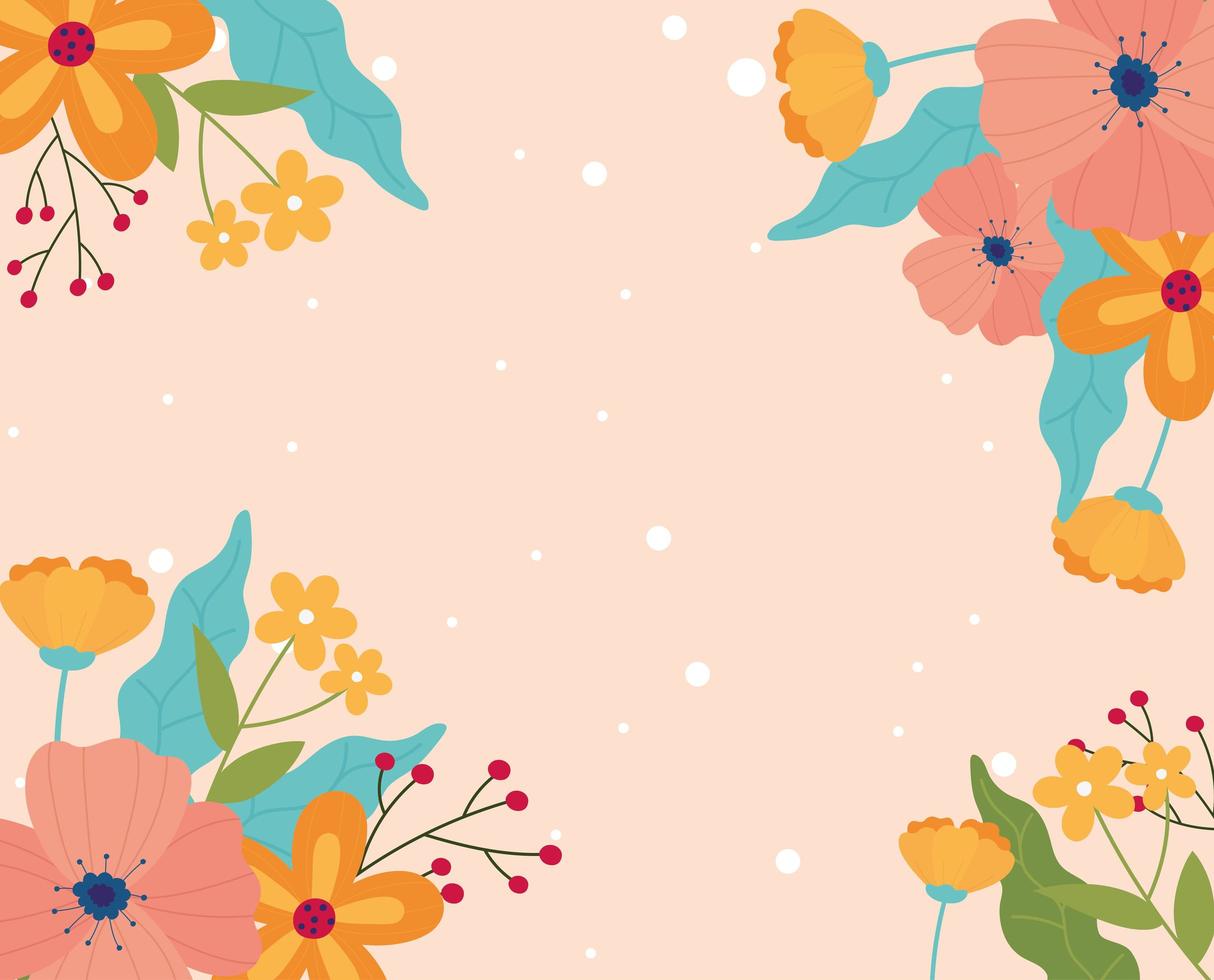 happy spring flowers decoration border dotted background vector
