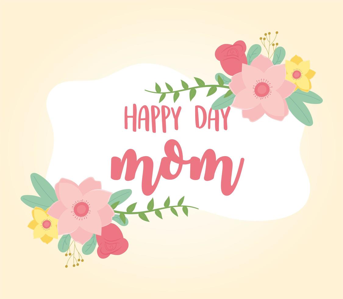 feliz día de la madre, flores, pétalos, follaje, decoración, tarjeta vector