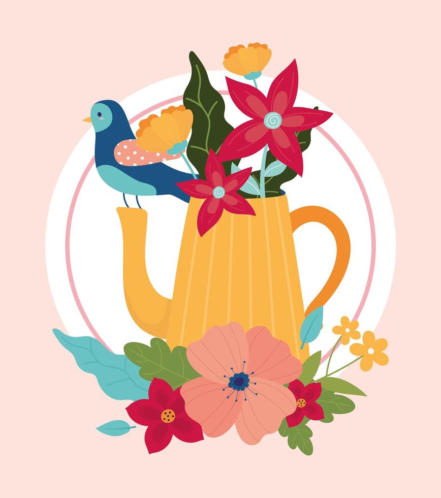 hello spring blue bird teapot with flowers foliage decoration vector