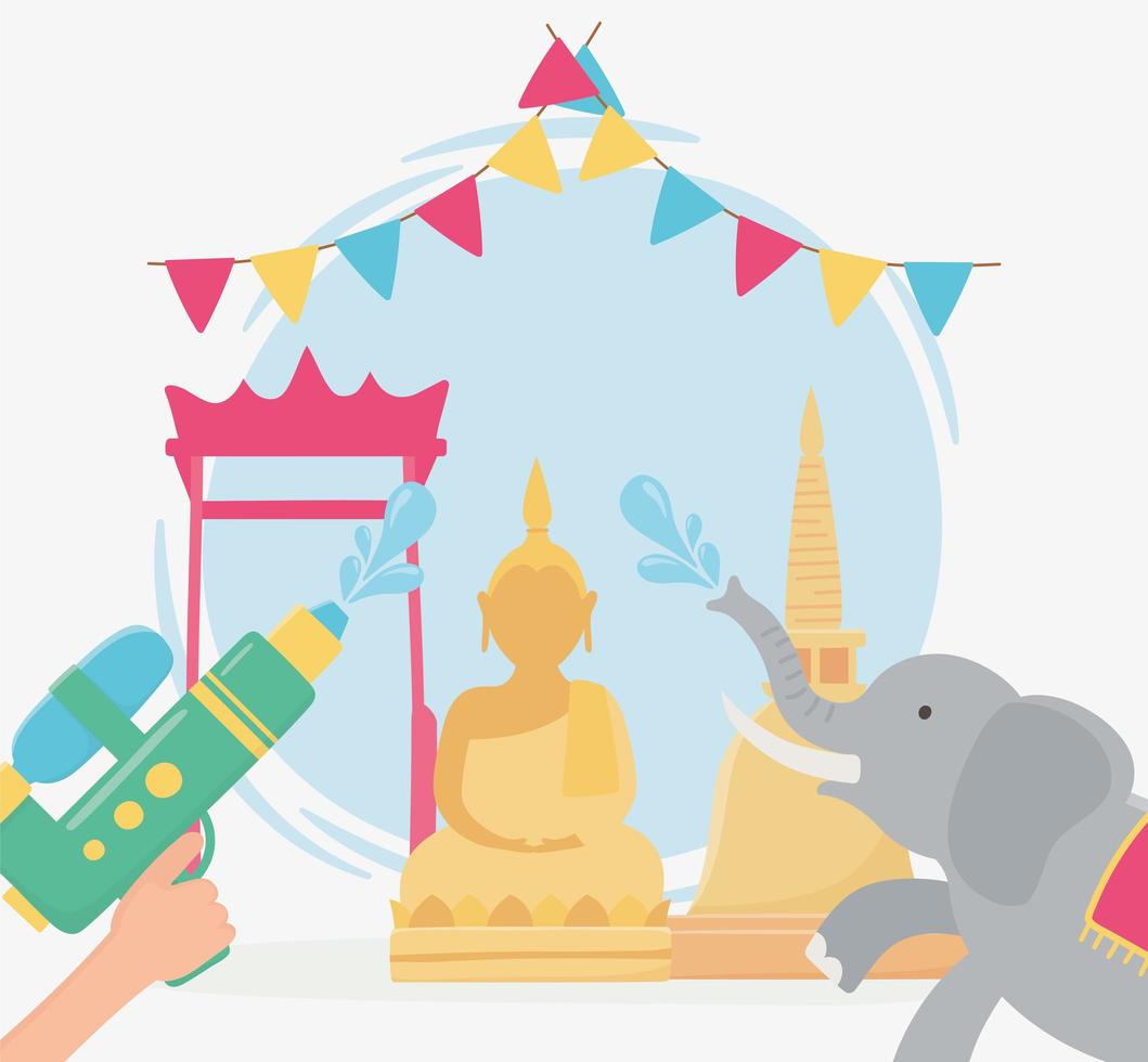 songkran festival hand with water gun elephant buddha culture vector