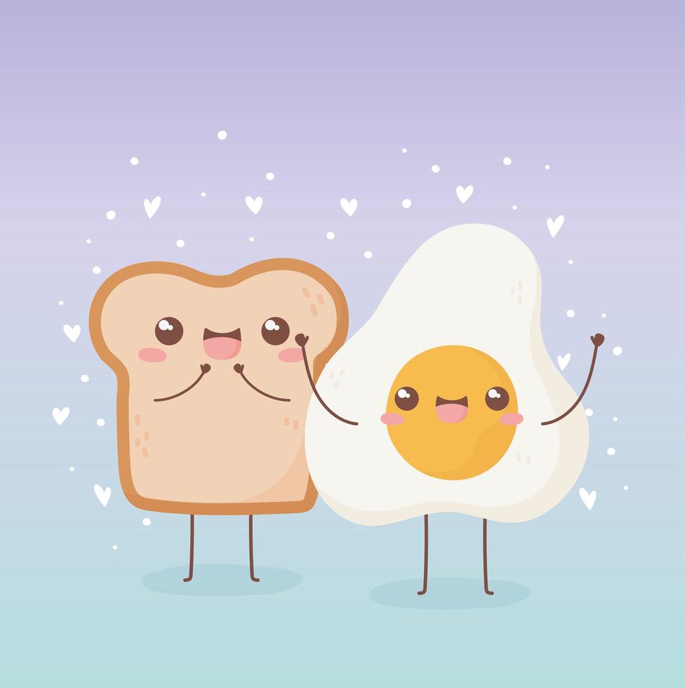 Huevo frito y pan desayuno comida kawaii diseño de personajes de dibujos animados vector