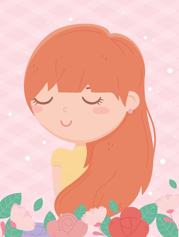 young woman portrait flowers cartoon pink background vector