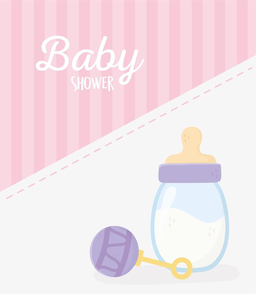baby shower, sonajero y botella de leche rayas tarjeta de celebración rosa vector