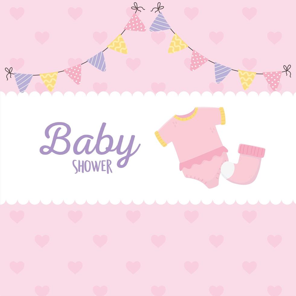 baby shower, pink bodysuit and sock pennants label vector