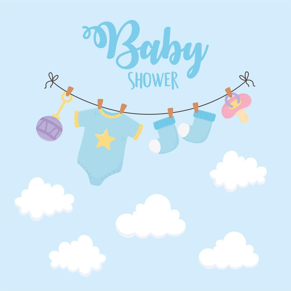 baby shower, mono calcetines chupete sonajero azul decoración vector