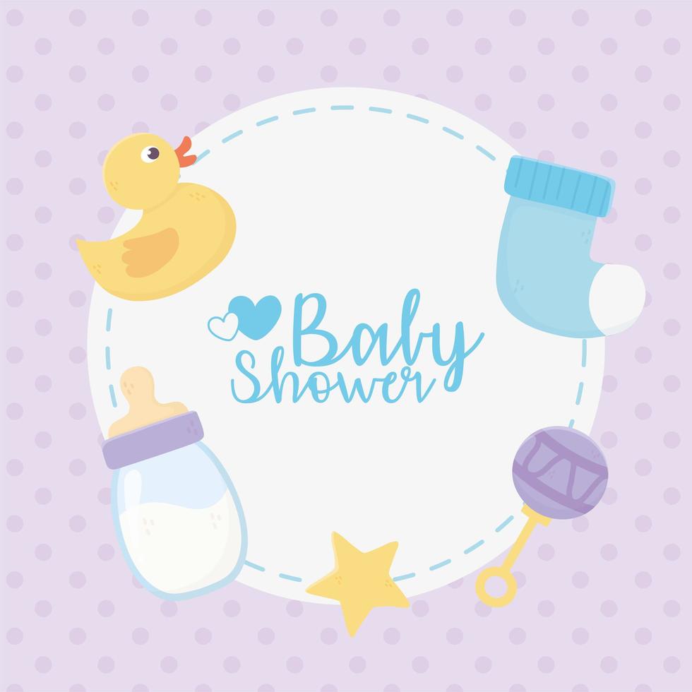 baby shower, pato de goma, botella, calcetín, sonajero, estrella, bandera redonda vector