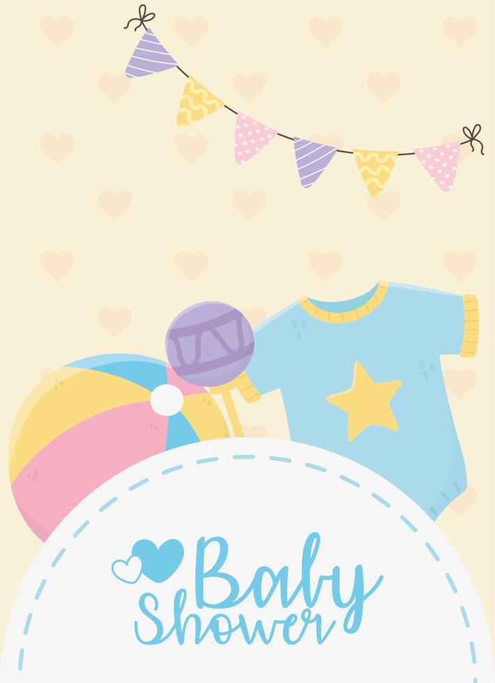 baby shower, blue bodysuit rattle and ball pennants decoration vector