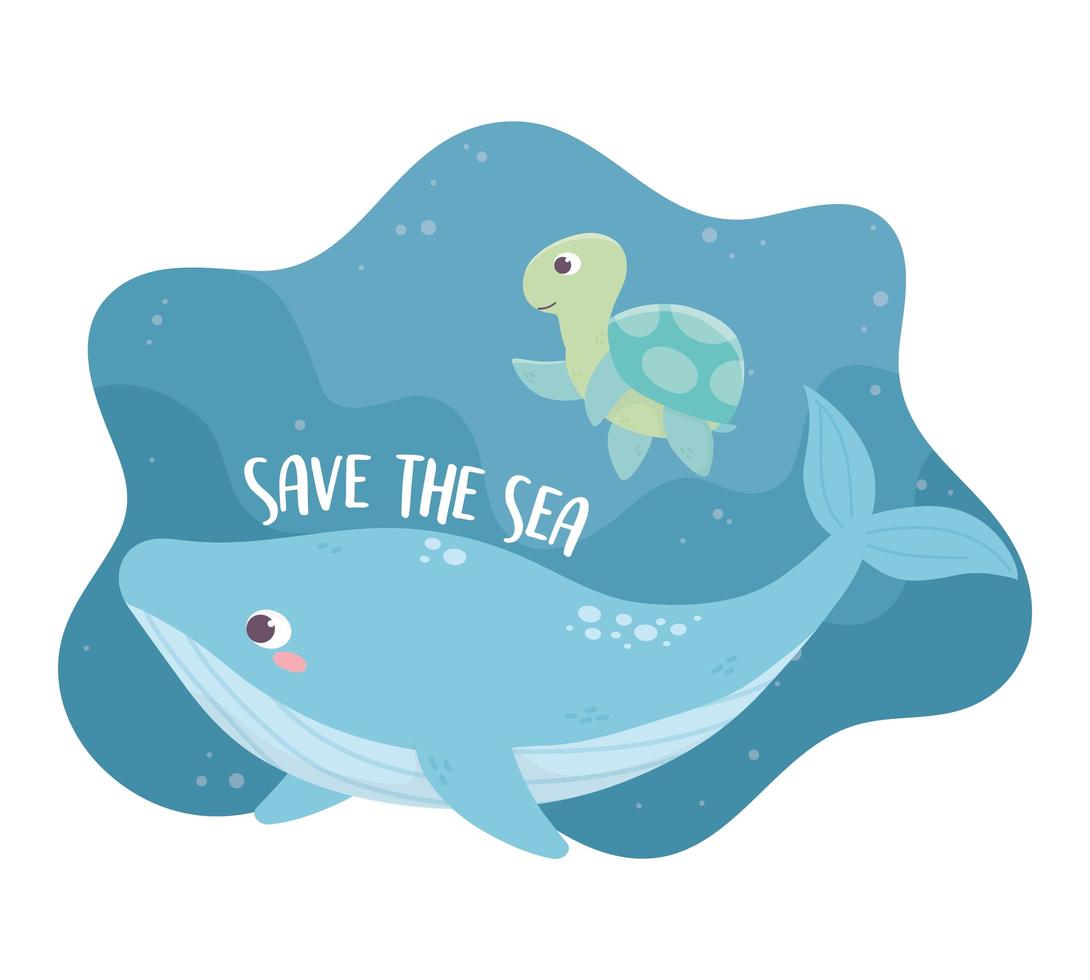salvar el diseño de dibujos animados de ecología ambiental de ballenas y tortugas marinas vector