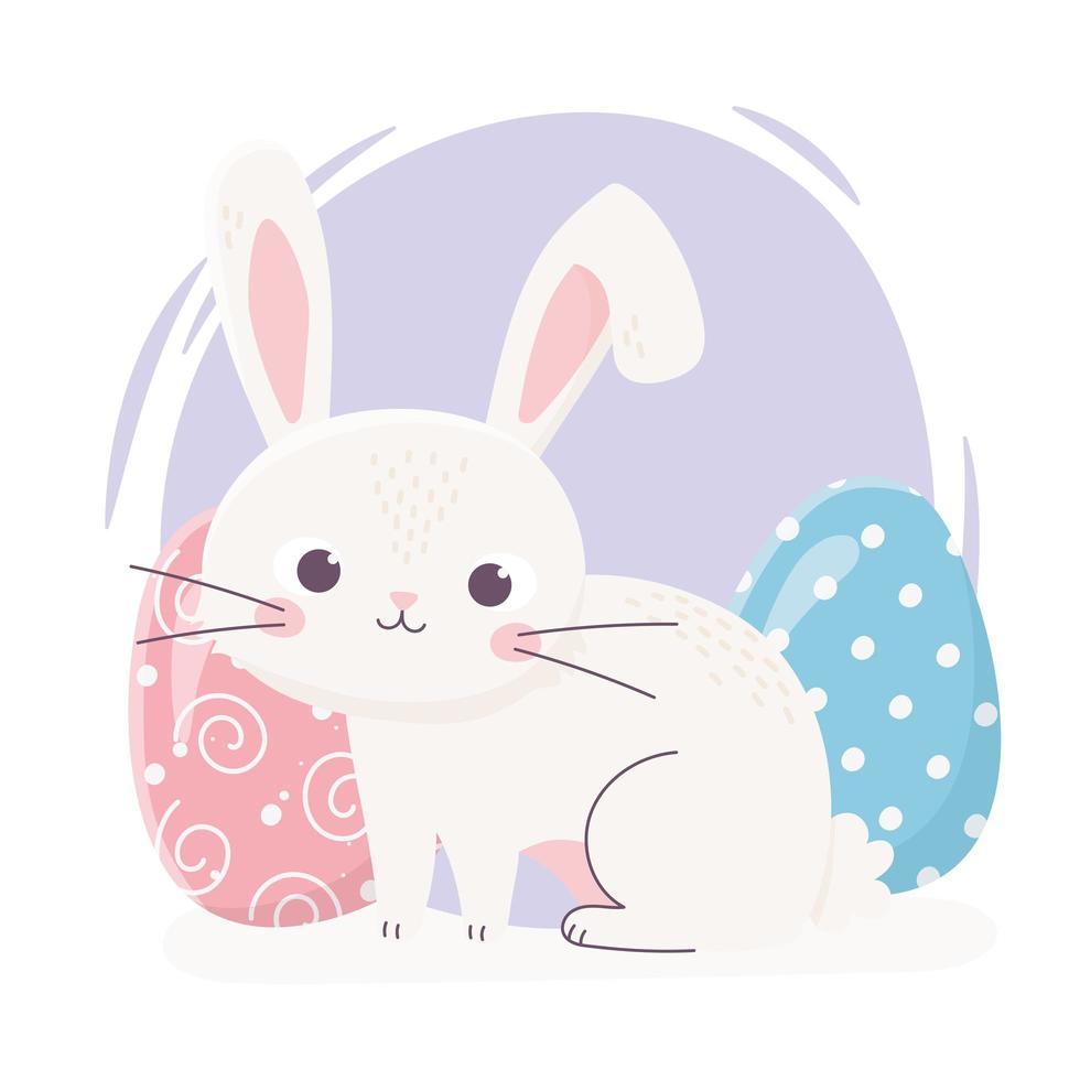 Feliz Pascua lindo conejo con celebración de decoración de dos huevos vector