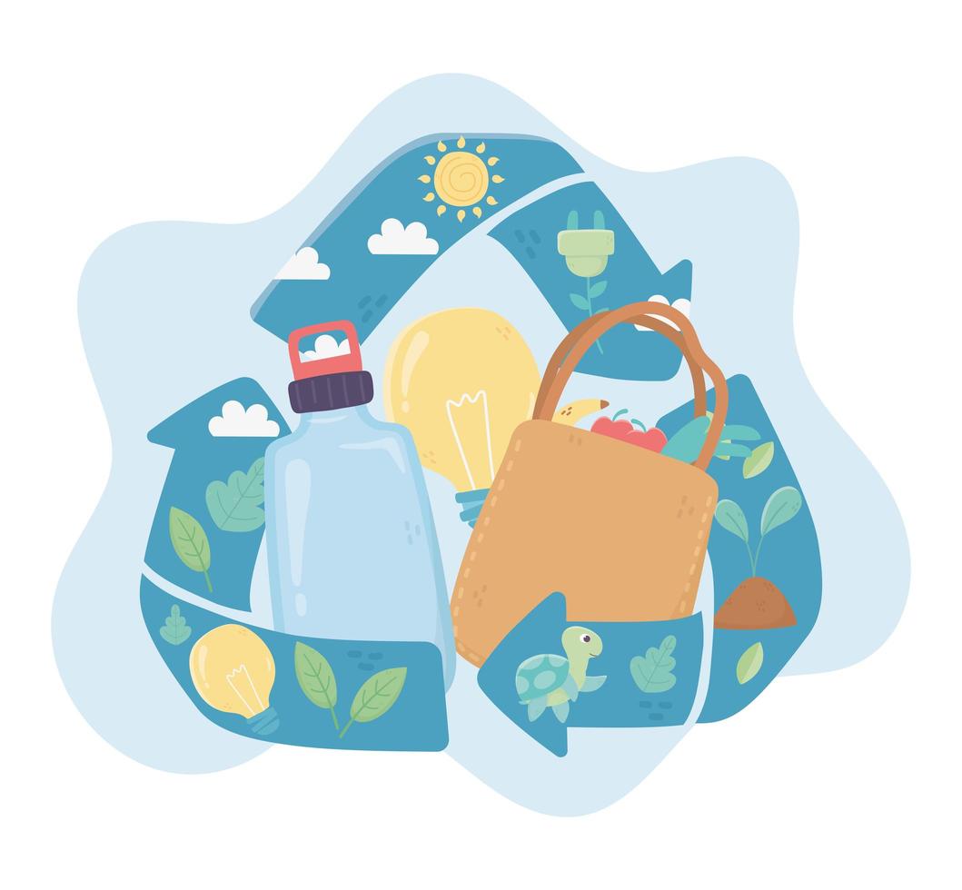 recycle shopping bag bottle and light bulb environment ecology vector