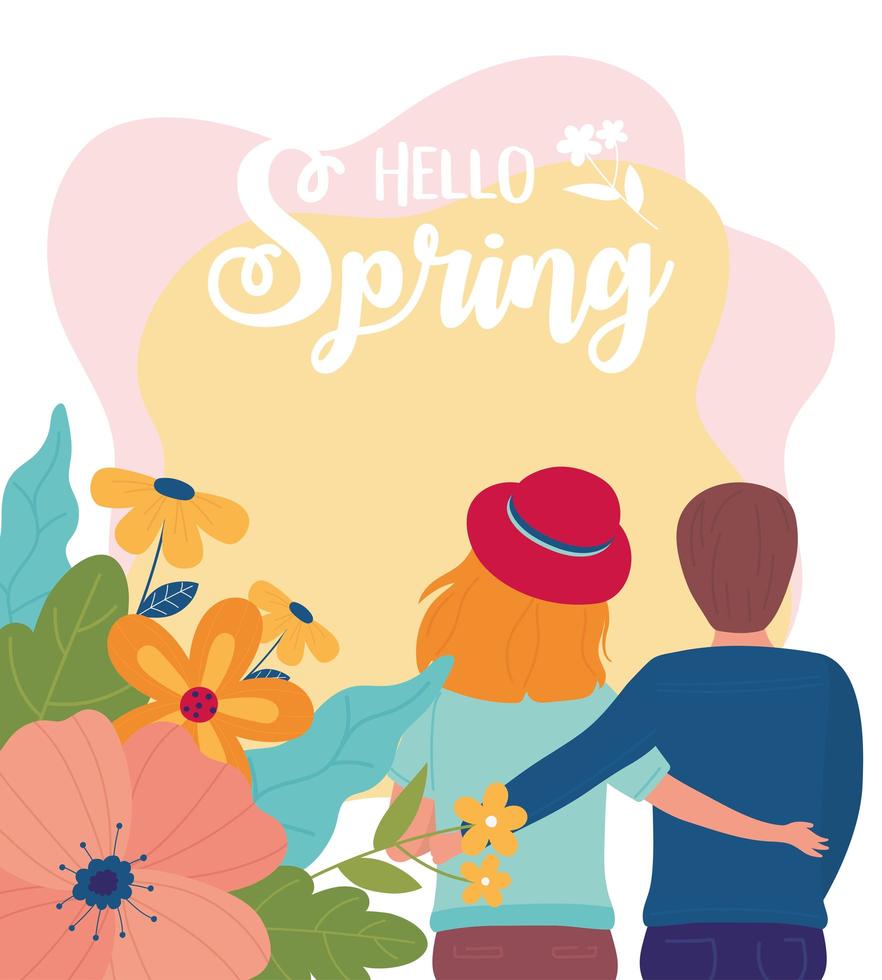 hello spring couple cartoon romantic flowers card vector