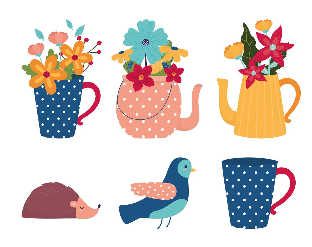 hello spring pot vase bird hedgehog flowers season icons vector