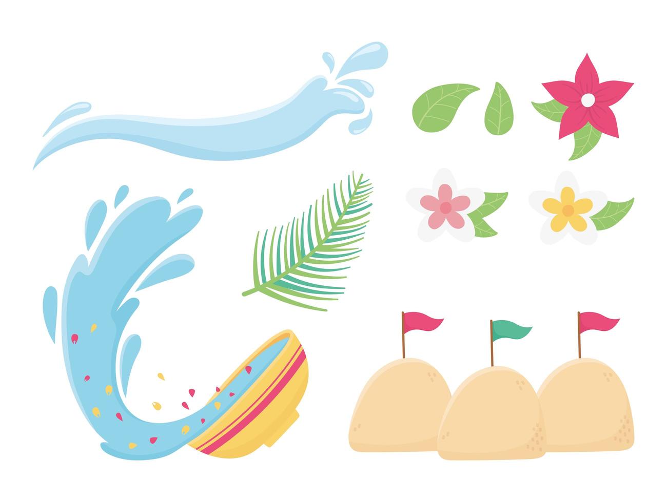 songkran festival splash water bowl flowers sand flags icons vector