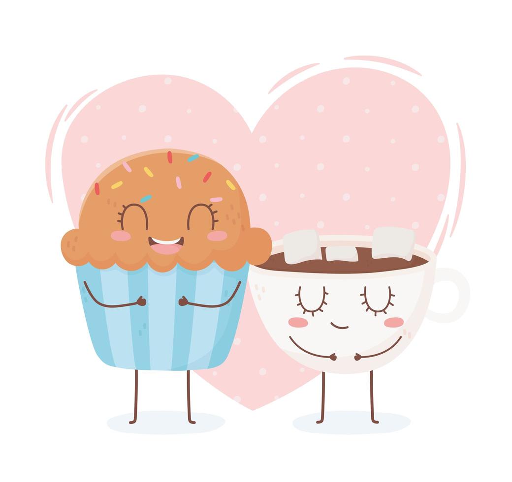 Cupcake y taza de chocolate con malvavisco diseño de personajes de dibujos animados de comida kawaii vector
