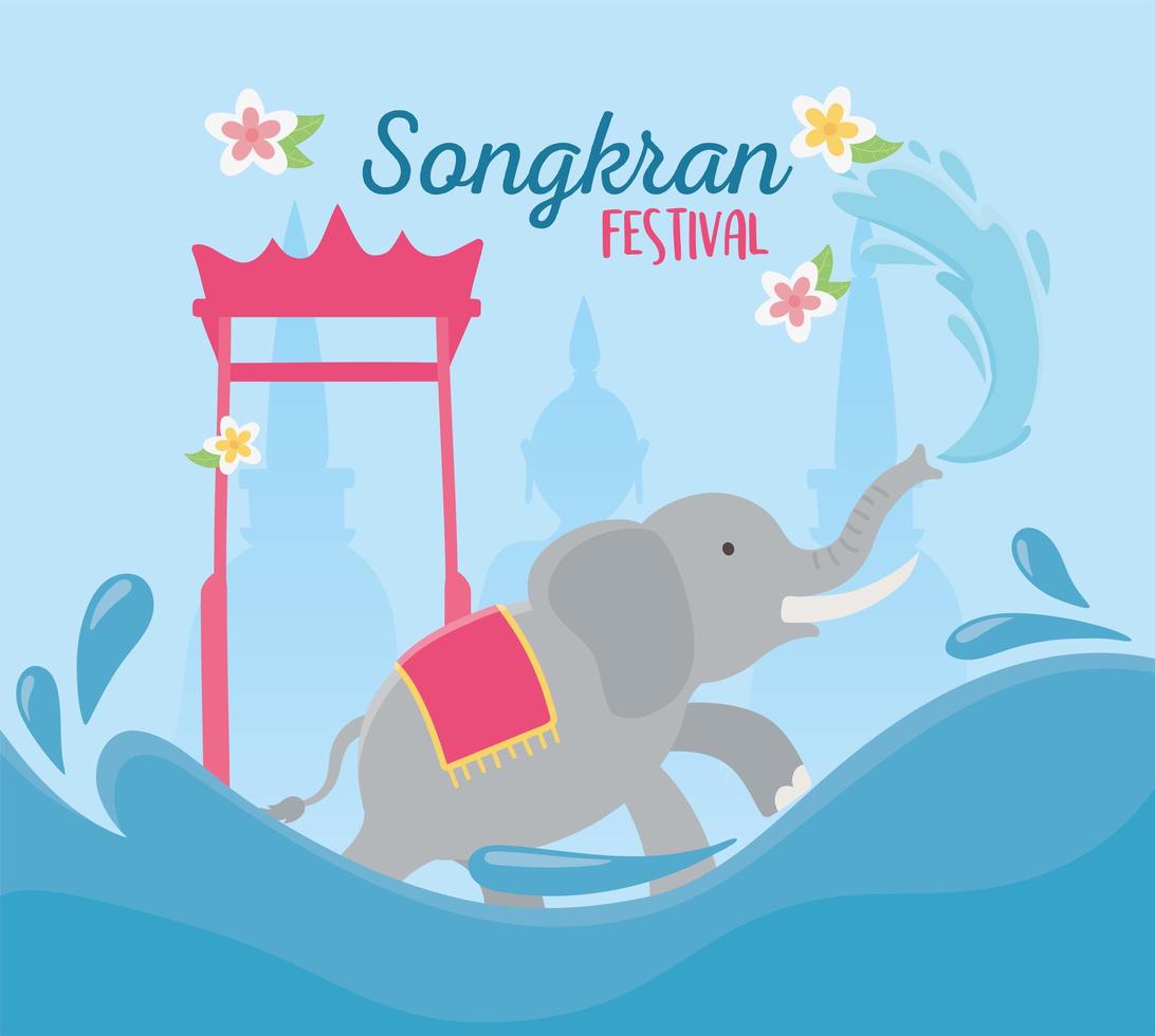 festival de songkran elefante y puerta emblemática tarjeta tailandesa vector