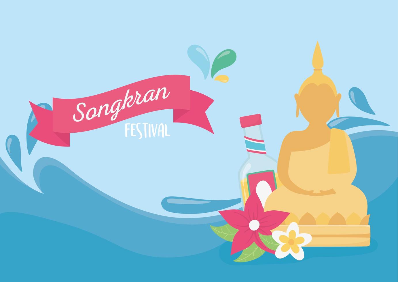 songkran festival water splash buddha bottle flowers card vector
