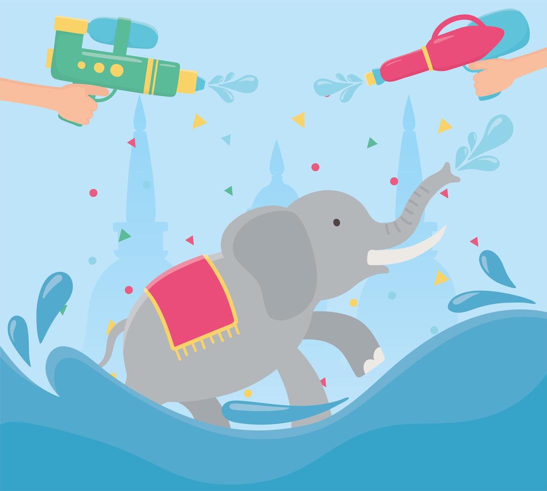 songkran festival hands with water guns and elephant vector