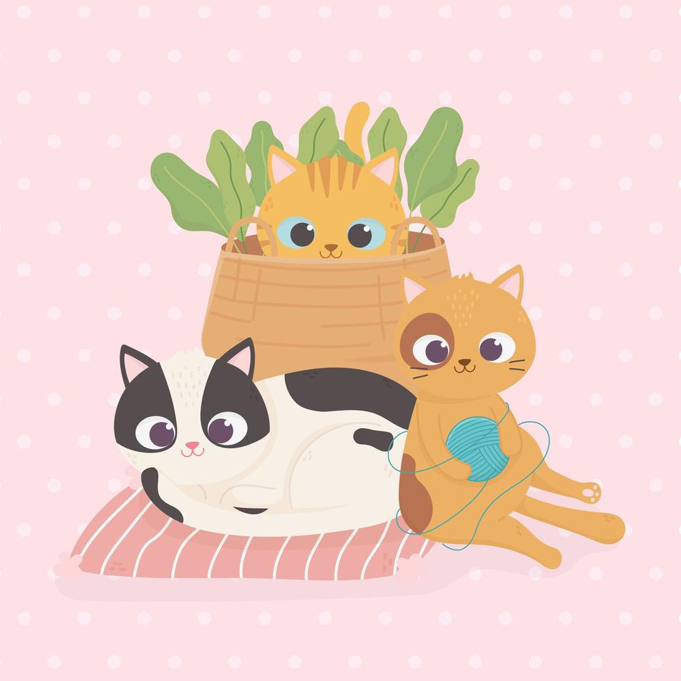 gatos domésticos con bola de lana cesta de mimbre plantas dibujos animados vector