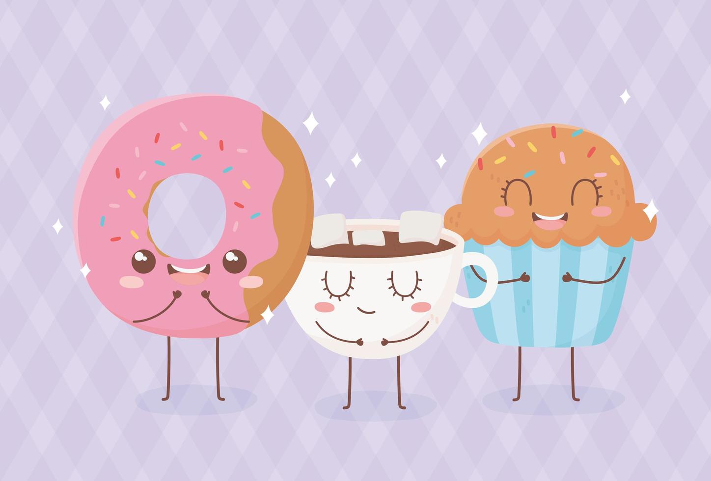 Donut cupcake y chocolate cup diseño de personajes de dibujos animados de comida kawaii vector