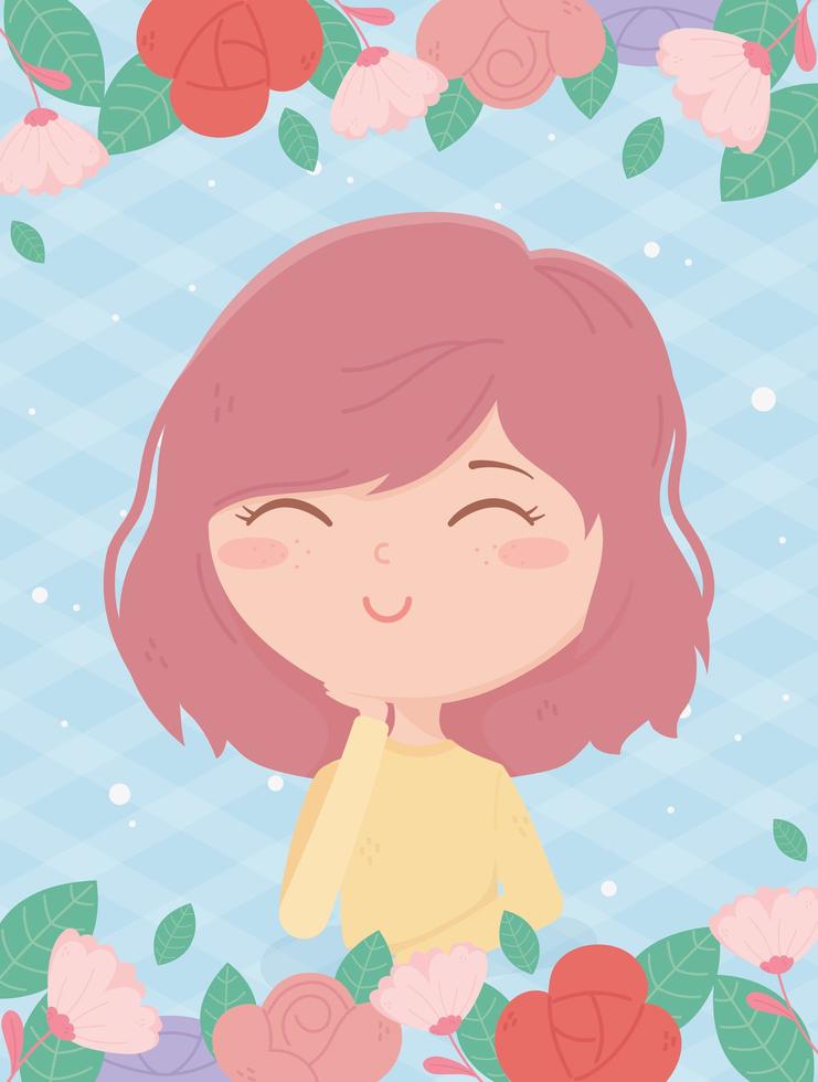 young woman flowers frame checkered background cartoon vector