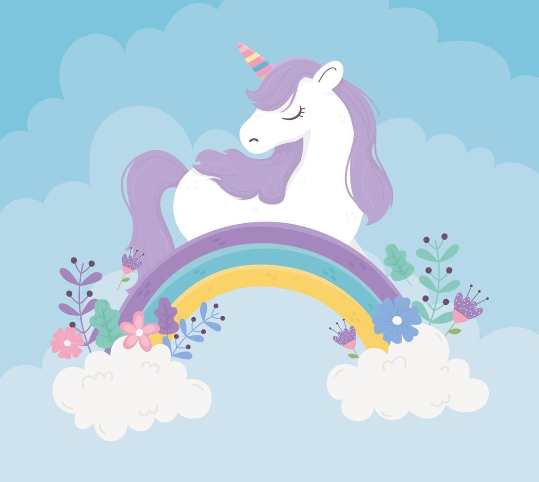 unicorn rainbow flowers clouds sky fantasy magic dream cute cartoon vector