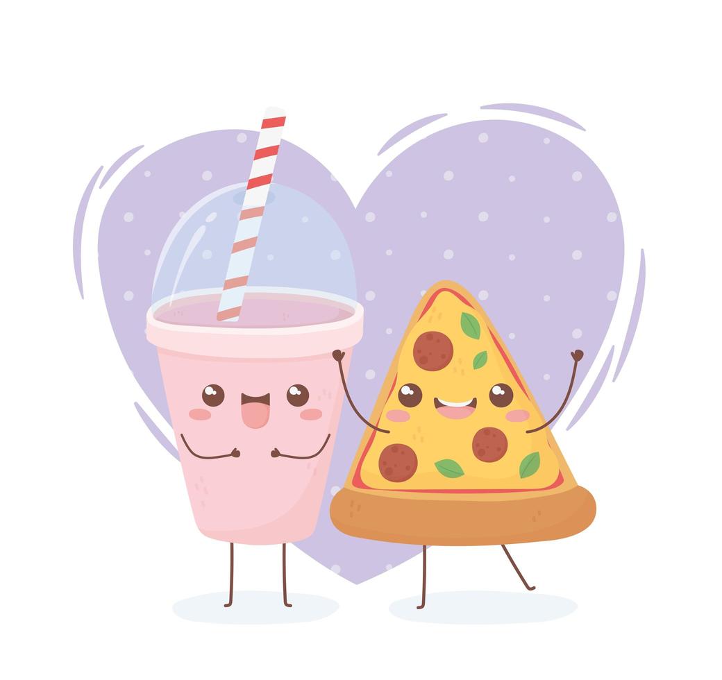 Bebida y pizza diseño de personajes de dibujos animados de comida kawaii vector