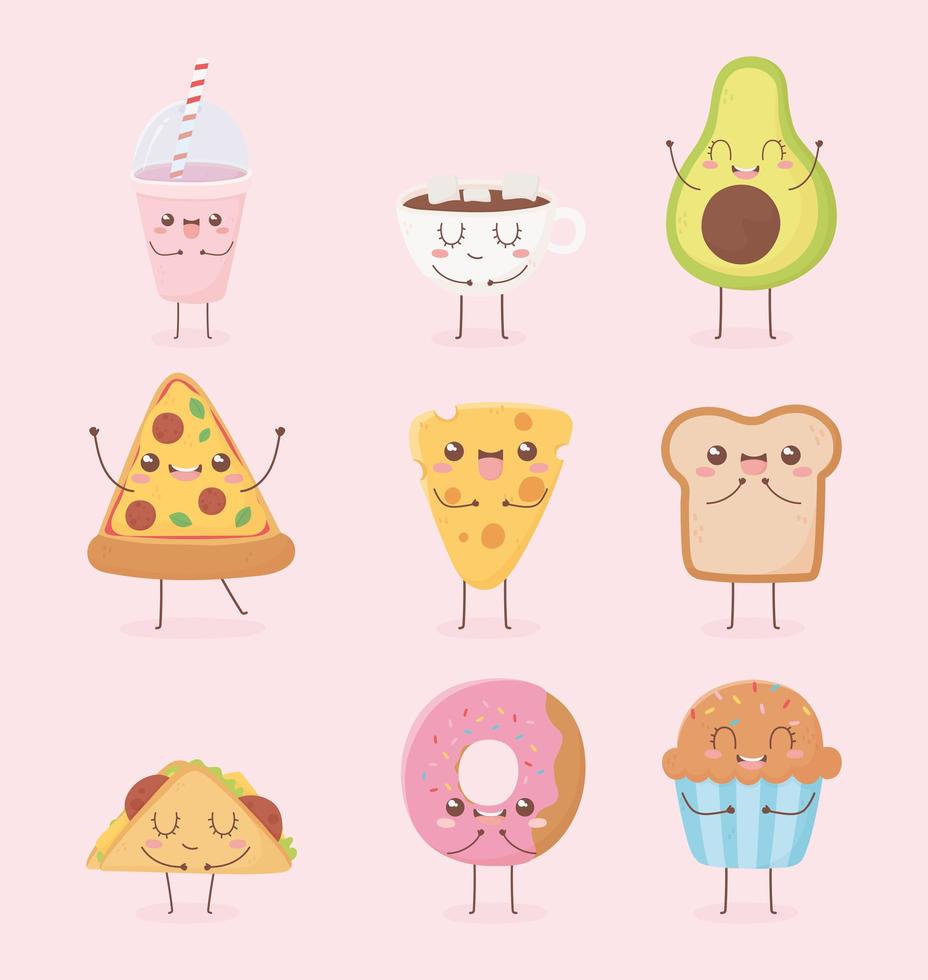 smoothie cup chocolate pizza cheese bread donut kawaii food cartoon character design vector