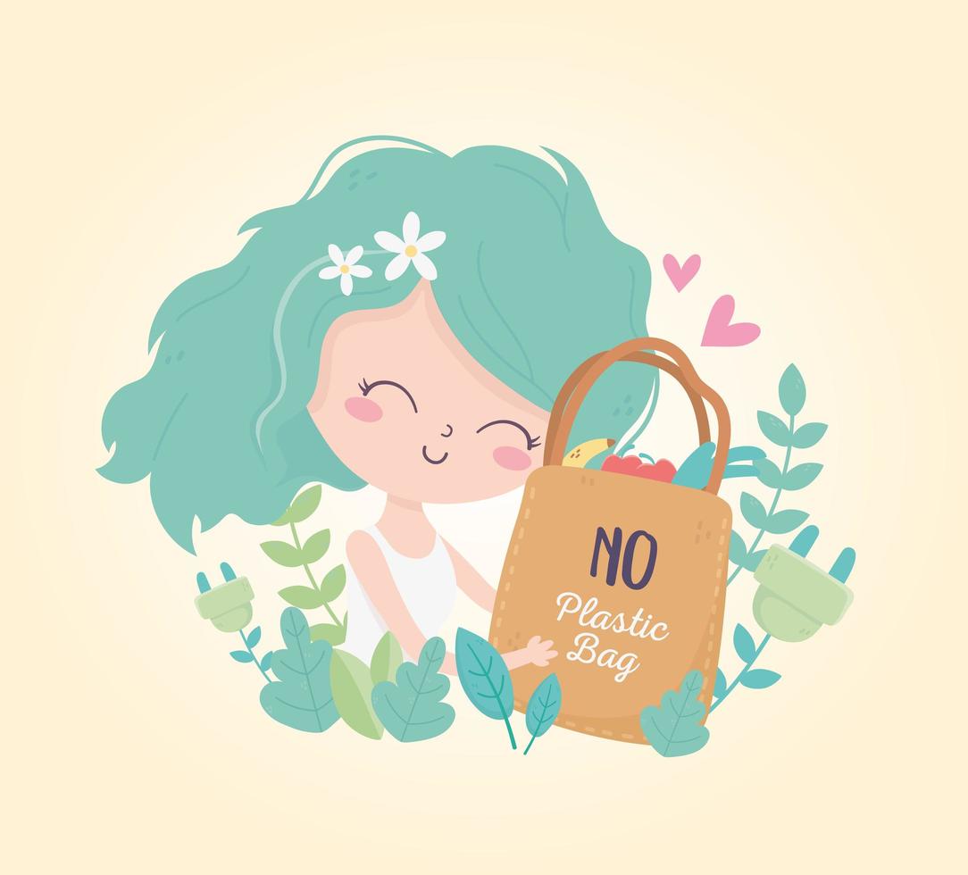 cute girl with shopping bag leaves environment ecology vector