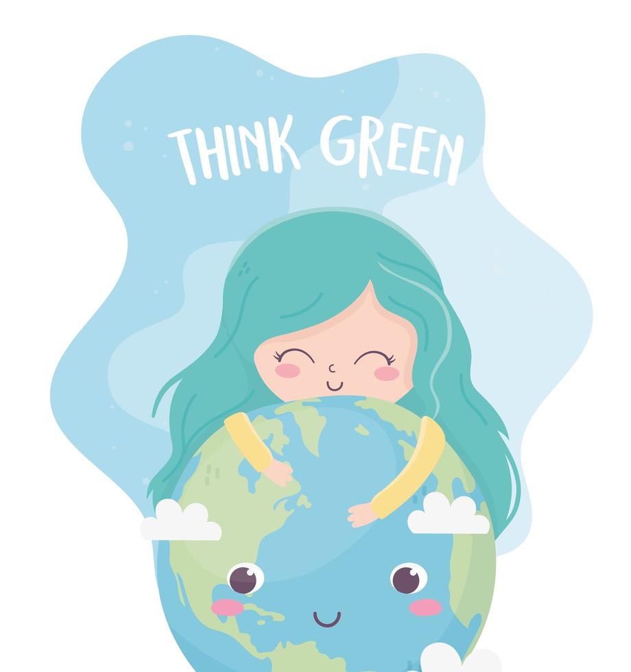 cute girl world think green environment ecology vector