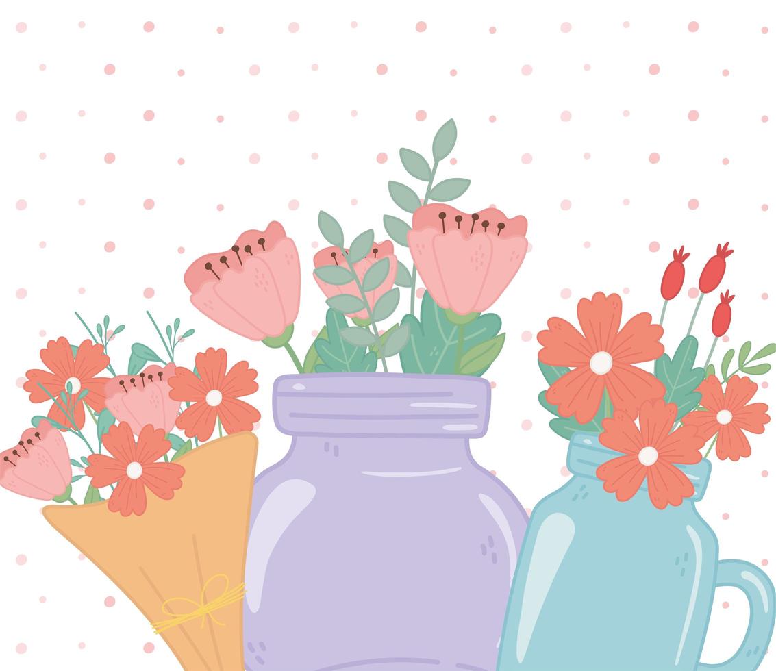 mason jars and bouquet flowers floral foliage decoration vector