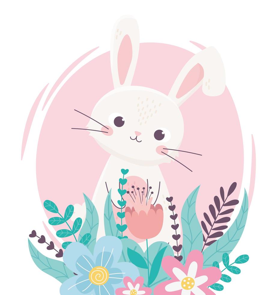 feliz pascua adorable conejo con flores follaje decoración floral vector