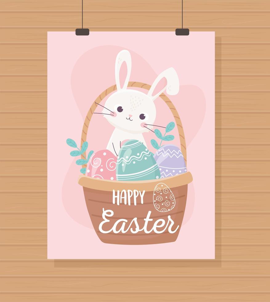 happy easter hanging cute rabbit basket with eggs vector