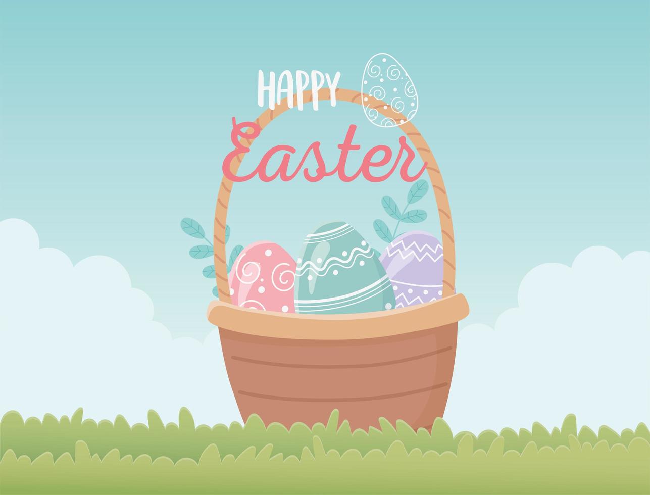 happy easter basket with eggs decoration in grass vector