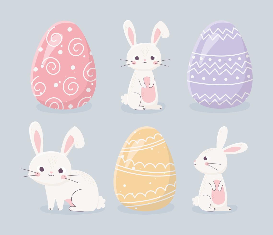 happy easter day rabbits and eggs celebration icons vector