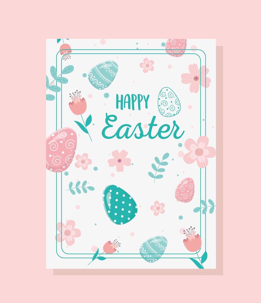 happy easter card flower eggs foliage decoration vector